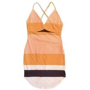Y2K Privy Dress Womens M Orange Sexy Striped Bodycon Strappy Ribbed V-Neck Retro
